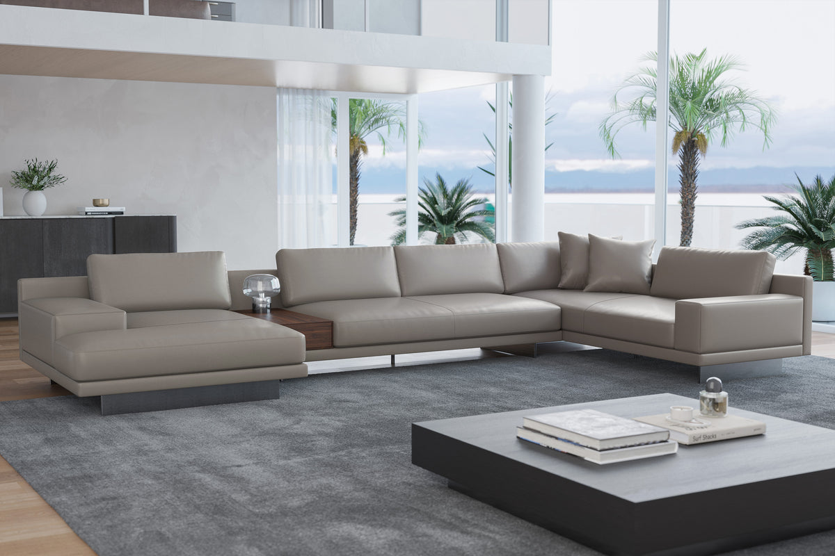 Alessandro Top Grain Full Leather Modular Sectional Sofa with Left Chaise in Modern Grey