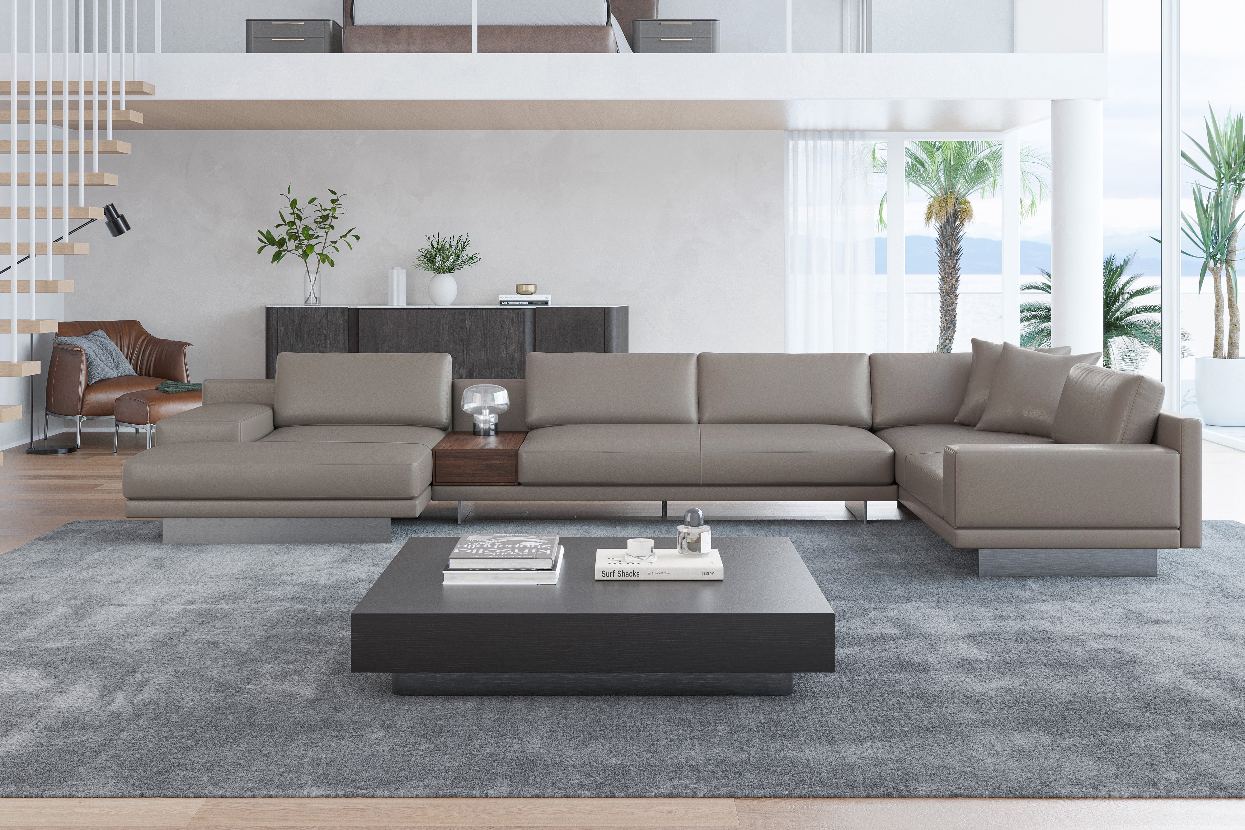 Valencia Alessandro Top Grain Leather Modular Sectional Left Chaise Sofa, Modern Grey