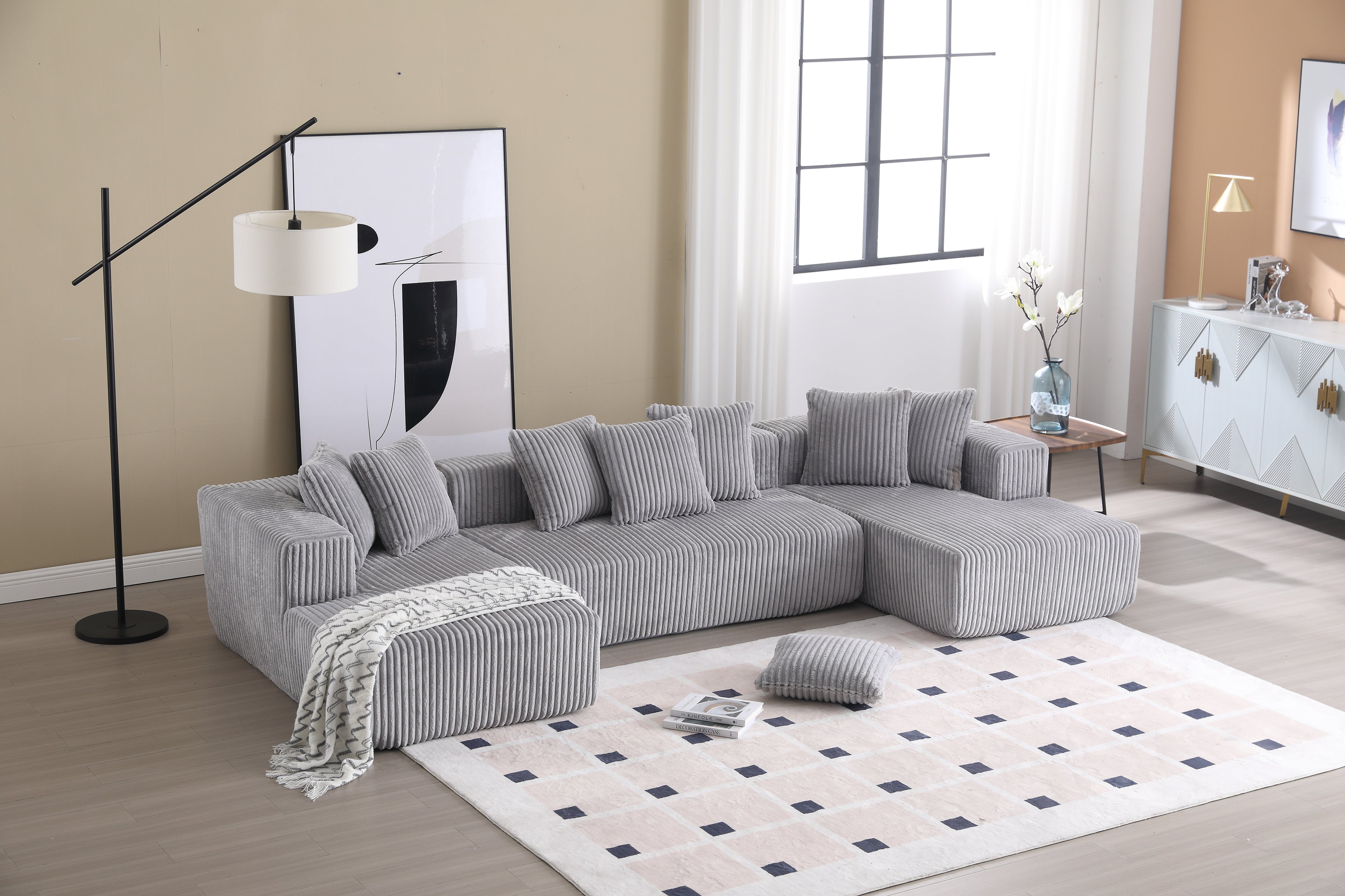 Valencia Alexus Corduroy Fabric U-Shape Sectional Sofa, Light Grey