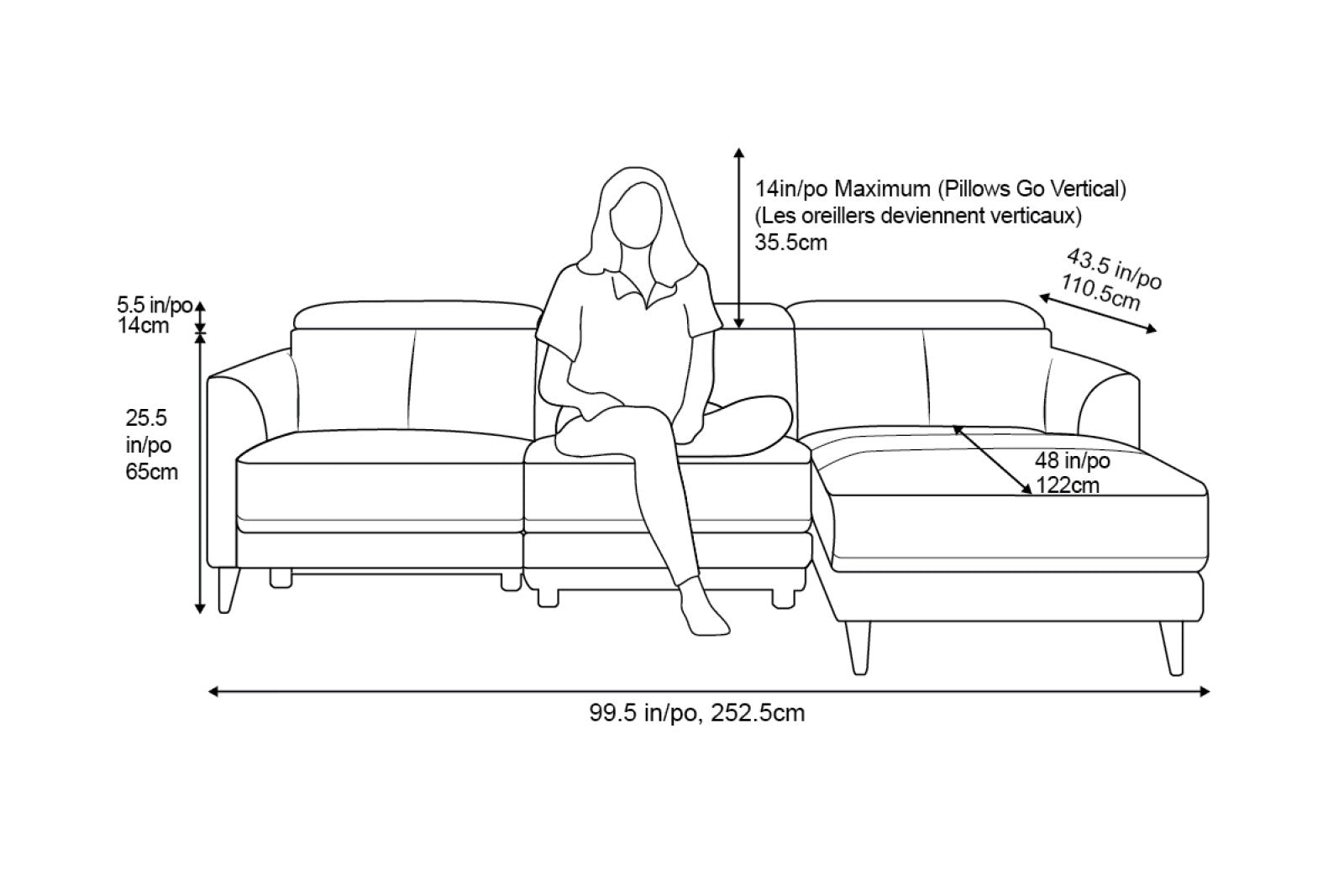 Additional Dimension of A Modern, Grey, Three Seats with Right Hand Facing Reclining, Top Grain Leather Andria Sectional Sofa on a White Background, Height 31" Inch / 79 CM, Wide 99.5 Inch / 252.5 CM, Depth 43.5" Inch / 110.5 CM, Seat Depth 22" Inch / 56 CM,