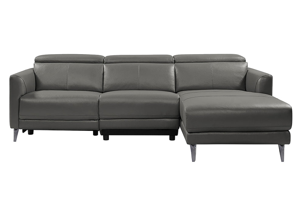 Straight Front View of A Modern, Grey, Three Seats with Right Hand Facing Reclining, Top Grain Leather Andria Sectional Sofa on a White Background.