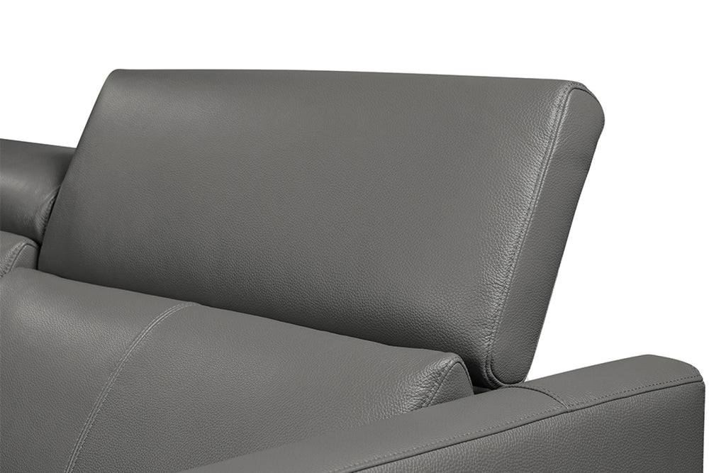 Right-Side Power Headrest Close-Up View of A Modern, Grey, Three Seats with Left Hand Facing Reclining, Top Grain Leather Andria Sectional Sofa on a White Background.