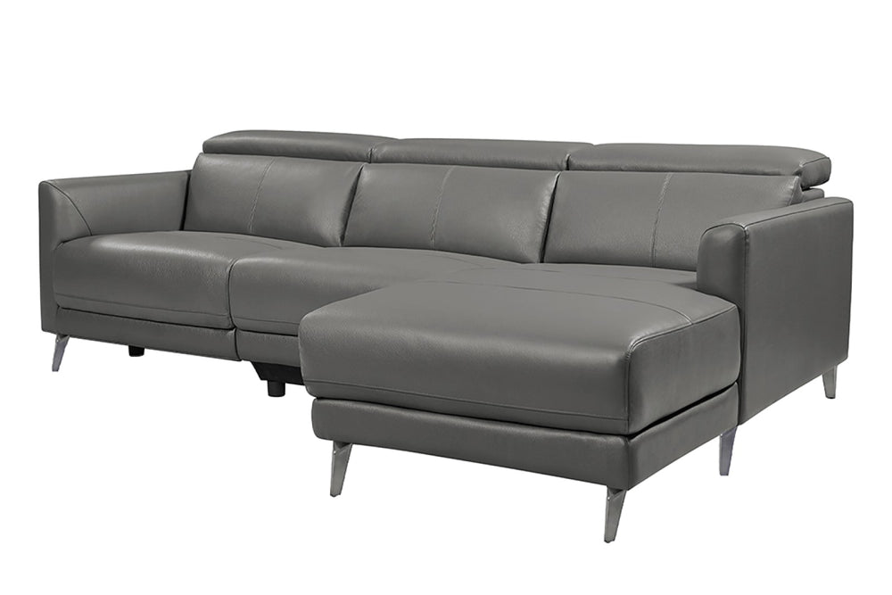 Right Angled Front View of A Modern, Grey, Three Seats with Right Hand Facing Reclining, Top Grain Leather Andria Sectional Sofa on a White Background.