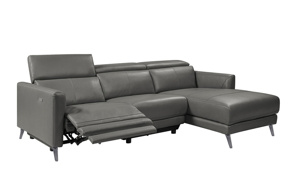 Left Angled Front View of A Modern, Grey, Three Seats with Right Hand Facing Reclining, Top Grain Leather Andria Sectional Sofa on a White Background.