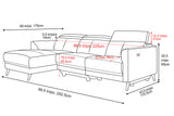 Andria left-facing chaise sectional dimensions showing width, depth, seat height, and arm height