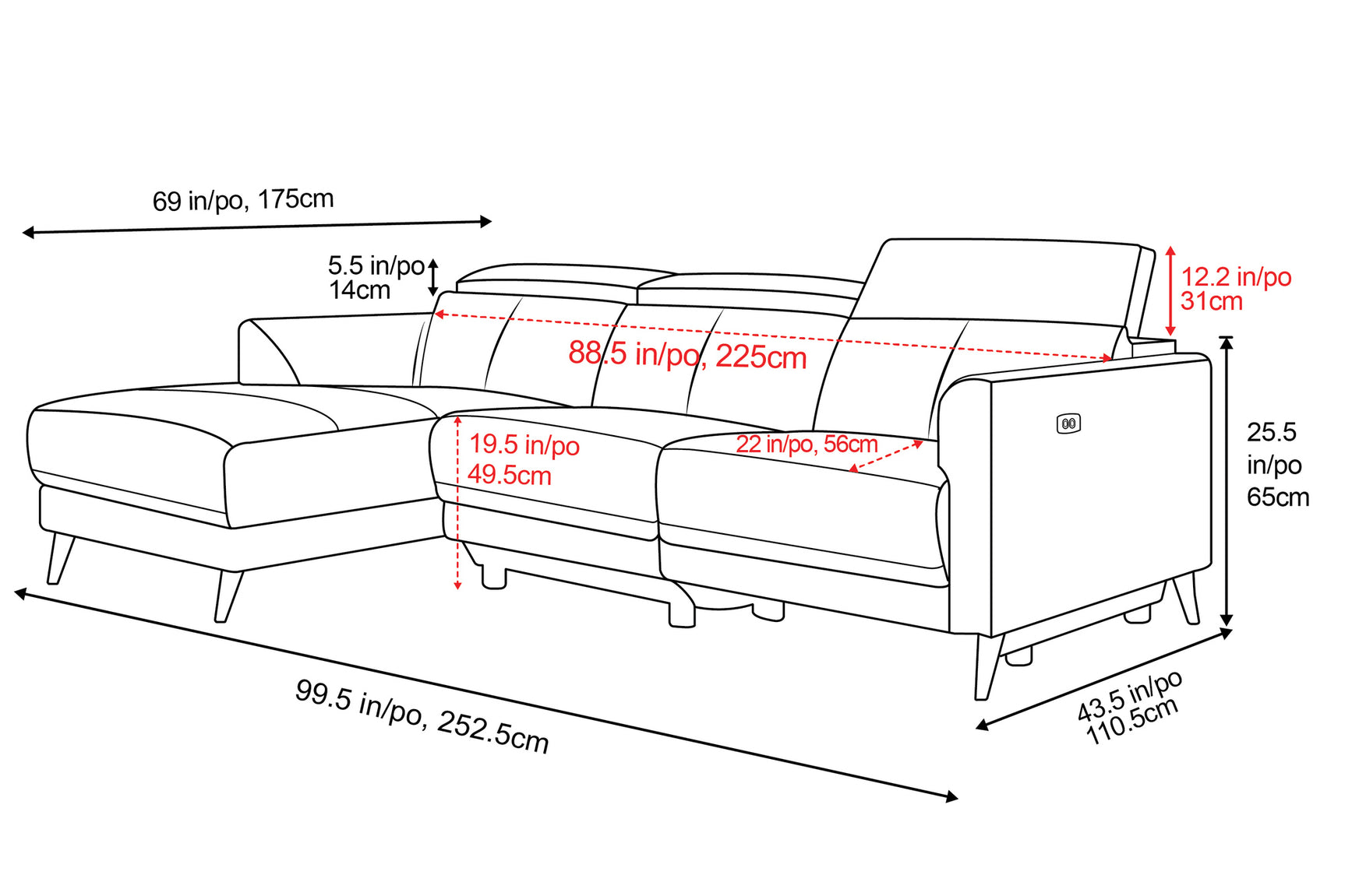 Andria left-facing chaise sectional dimensions showing width, depth, seat height, and arm height