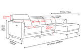 Andria right-facing chaise sectional dimensions showing width, depth, seat height, and arm height