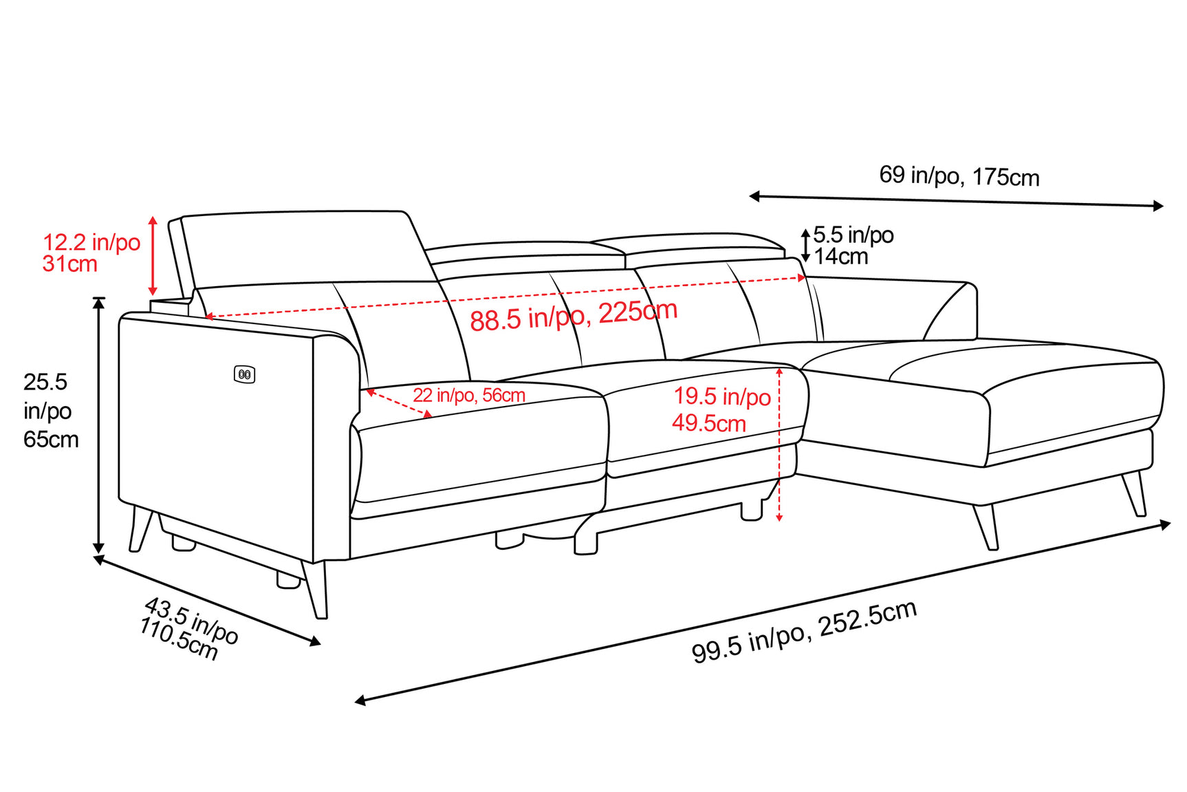 Andria right-facing chaise sectional dimensions showing width, depth, seat height, and arm height