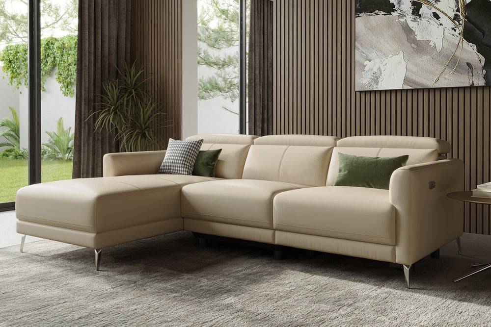 Valencia Andria Modern Left Hand Facing Top Grain Leather Reclining Sectional Sofa, Beige Color