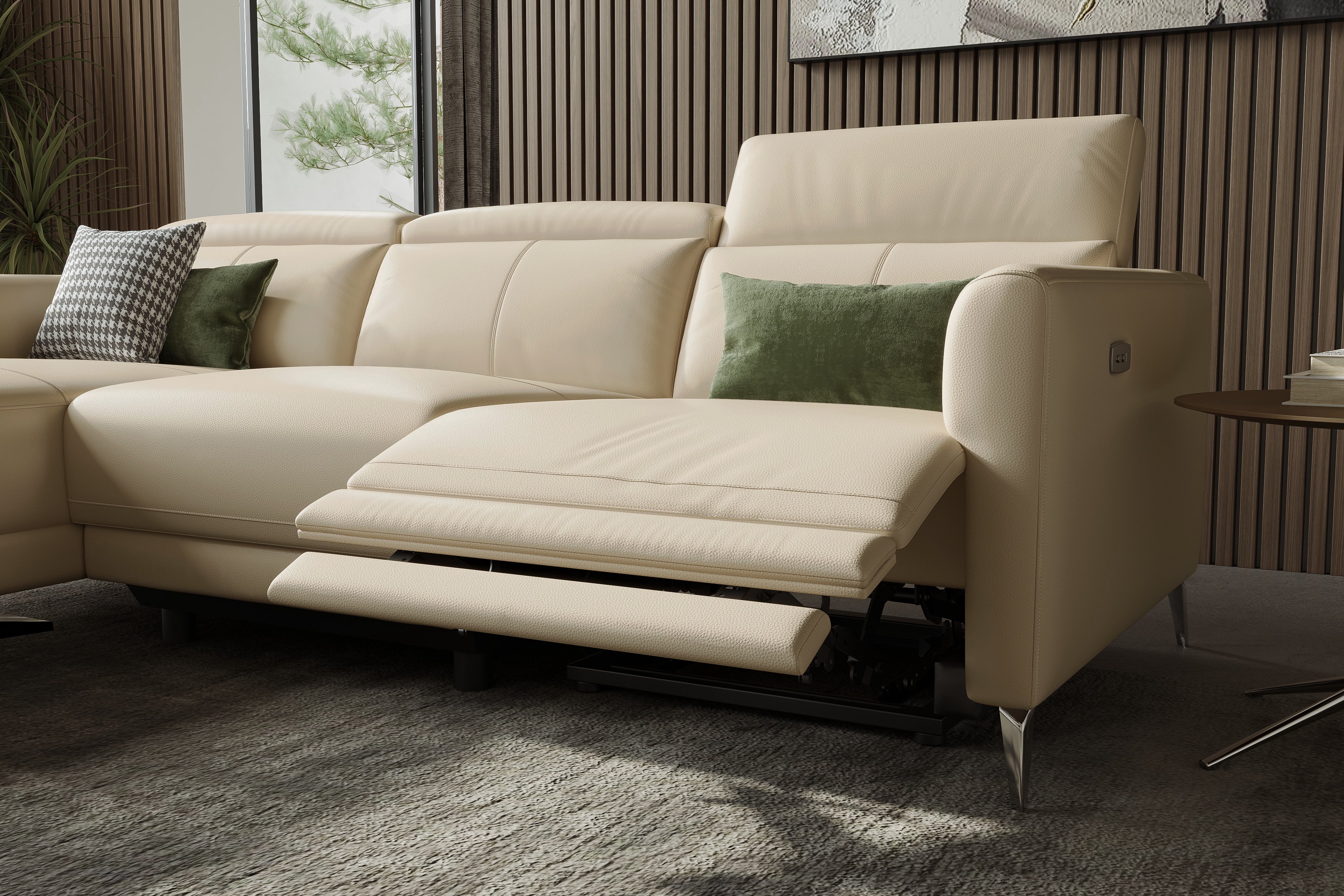 Valencia Andria Modern Left Hand Facing Top Grain Leather Reclining Sectional Sofa, Beige Color