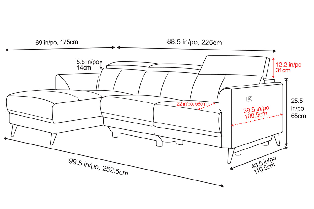 Line Dimension of A Modern, Grey, Three Seats with Left Hand Facing Reclining, Top Grain Leather Andria Sectional Sofa on a White Background, Height 31" Inch / 79 CM, Wide 99.5 Inch / 252.5 CM, Depth 43.5" Inch / 110.5 CM, Seat Depth 22" Inch / 56 CM, Seat Width 88.5" Inch / 225 CM, Chaise Depth 69" Inch / 175 CM, Flipped Headrest 12.2" Inch / 31 CM, Armrest 39.5" Inch / 100.5 CM