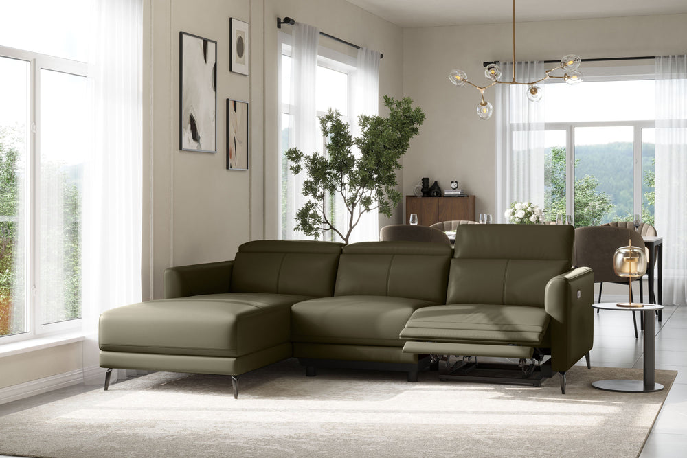 Valencia Andria Modern Left Hand Facing Top Grain Leather Reclining Sectional Sofa, Olive Green