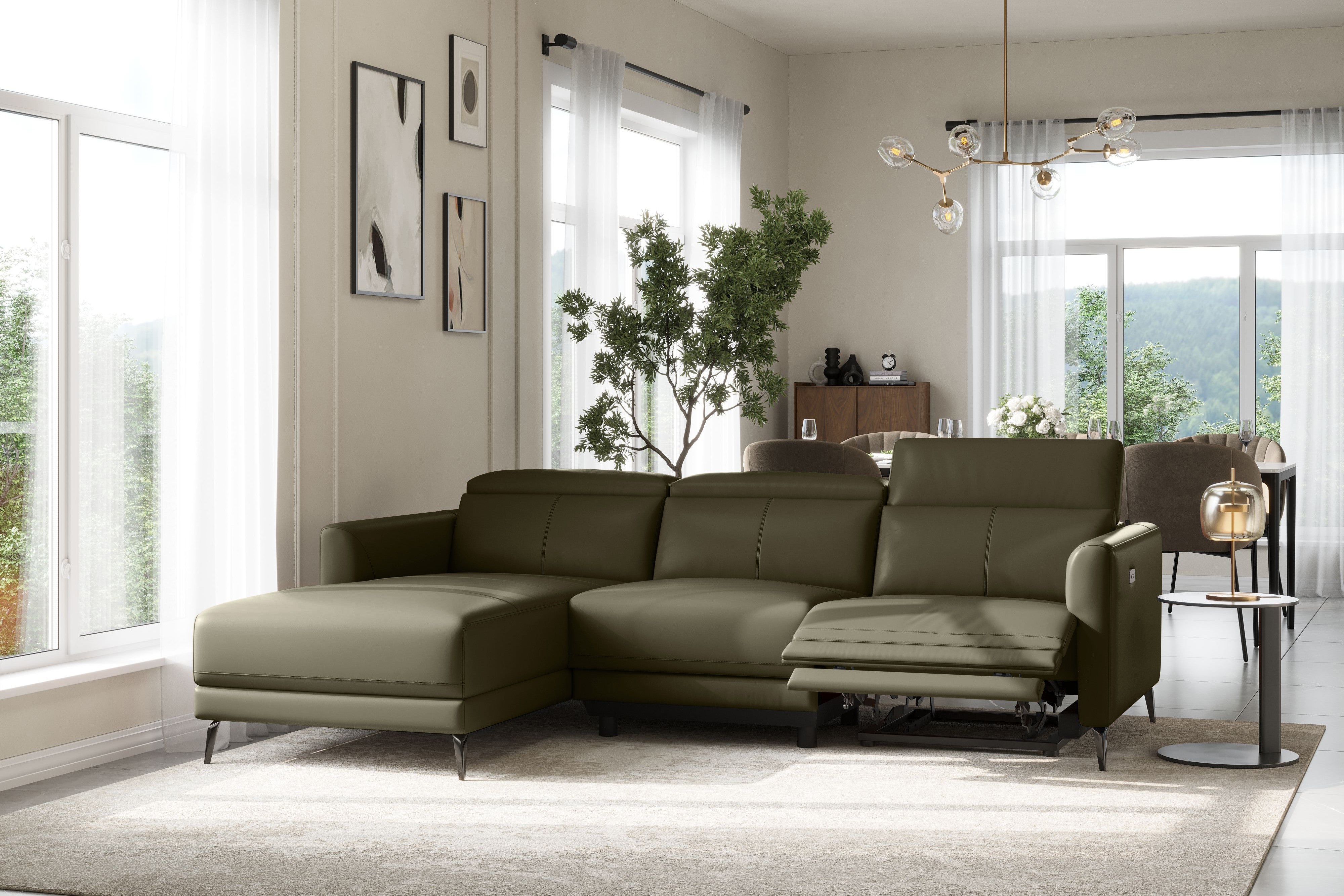 Valencia Andria Modern Left Hand Facing Top Grain Leather Reclining Sectional Sofa, Olive Green