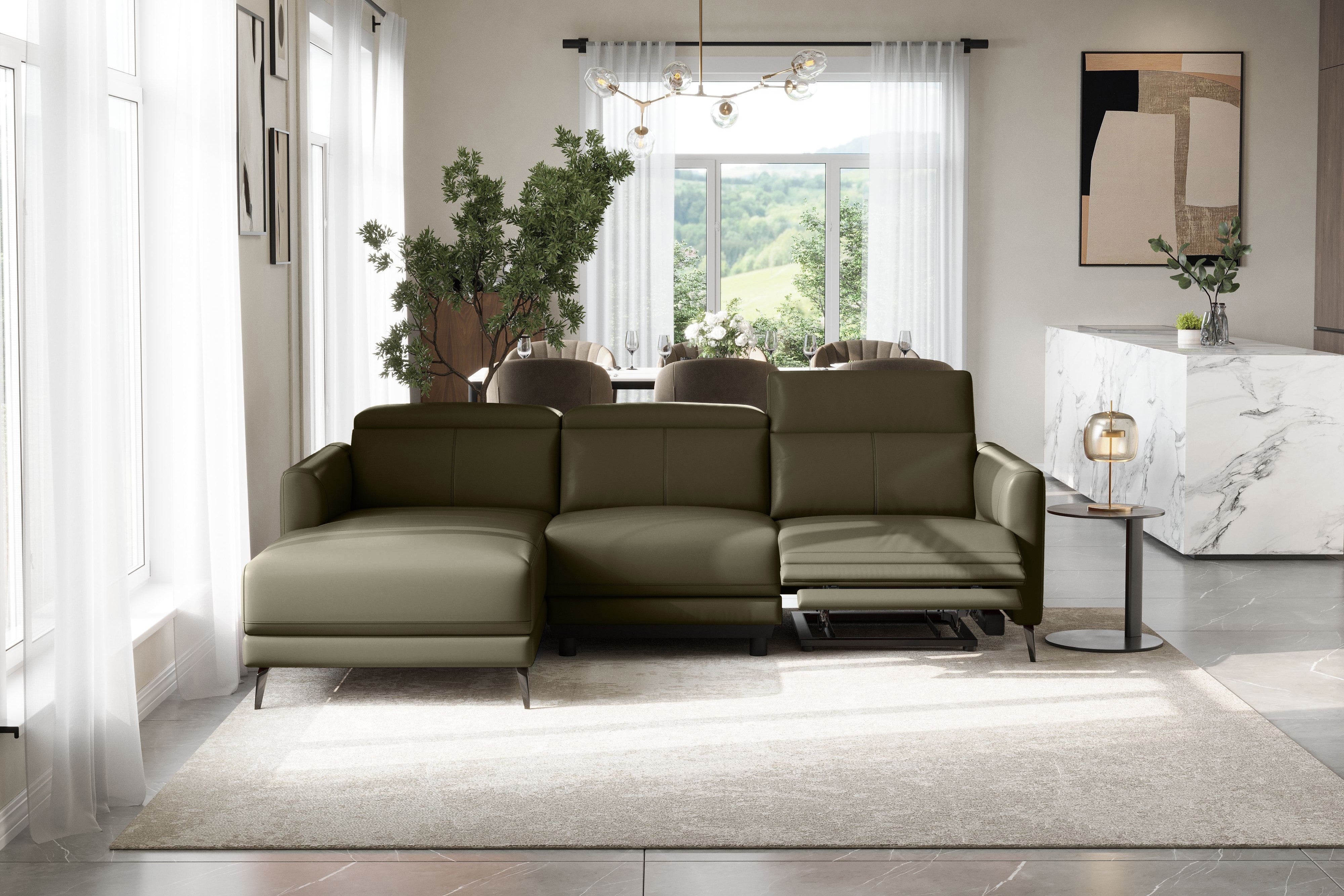 Valencia Andria Modern Left Hand Facing Top Grain Leather Reclining Sectional Sofa, Olive Green