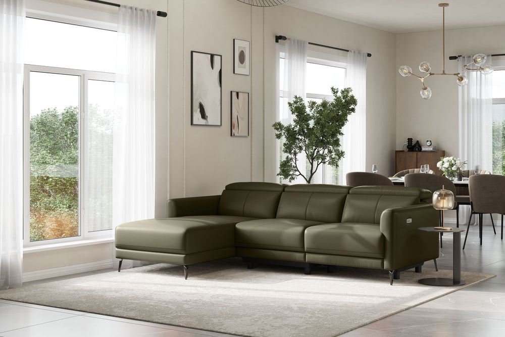 Valencia Andria Modern Left Hand Facing Top Grain Leather Reclining Sectional Sofa, Olive Green