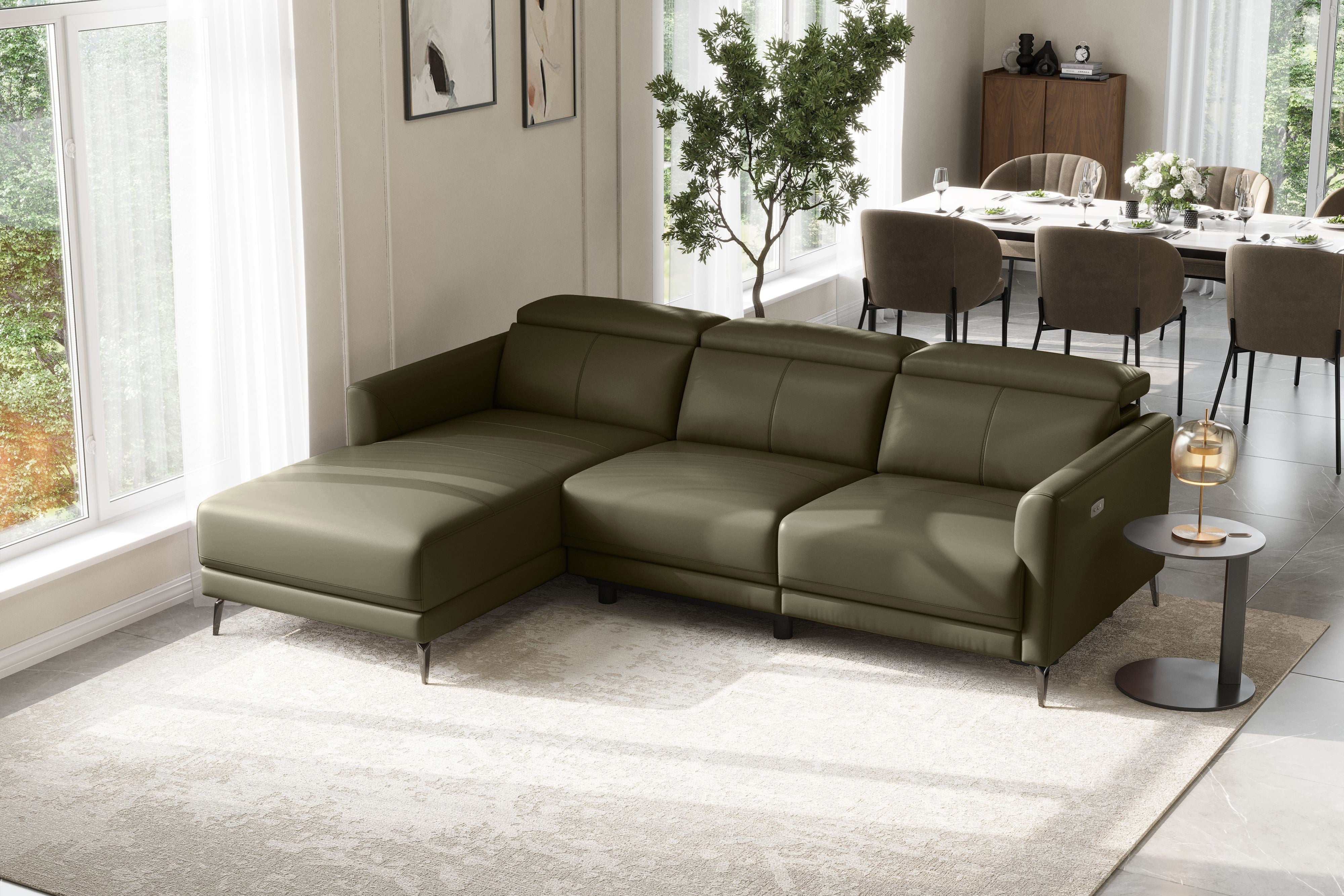 Valencia Andria Modern Left Hand Facing Top Grain Leather Reclining Sectional Sofa, Olive Green