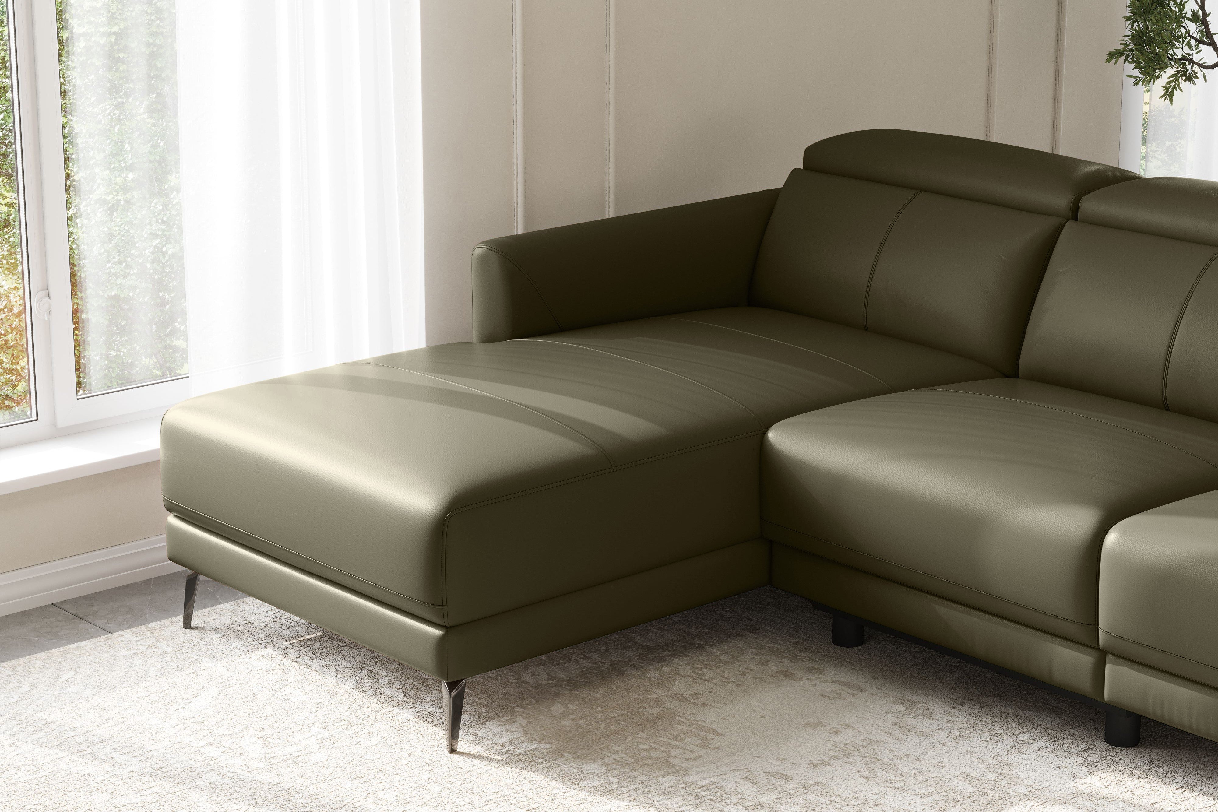 Valencia Andria Modern Left Hand Facing Top Grain Leather Reclining Sectional Sofa, Olive Green