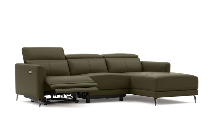 Valencia Andria Modern Right Hand Facing Top Grain Leather Reclining Sectional Sofa, Olive Green