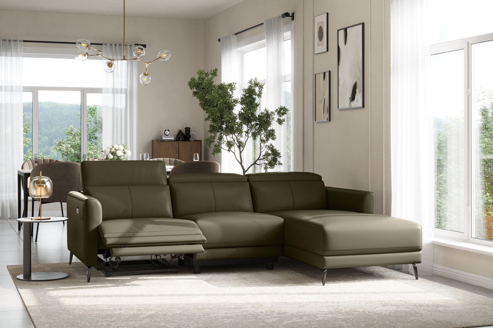 Valencia Andria Modern Right Hand Facing Top Grain Leather Reclining Sectional Sofa, Olive Green