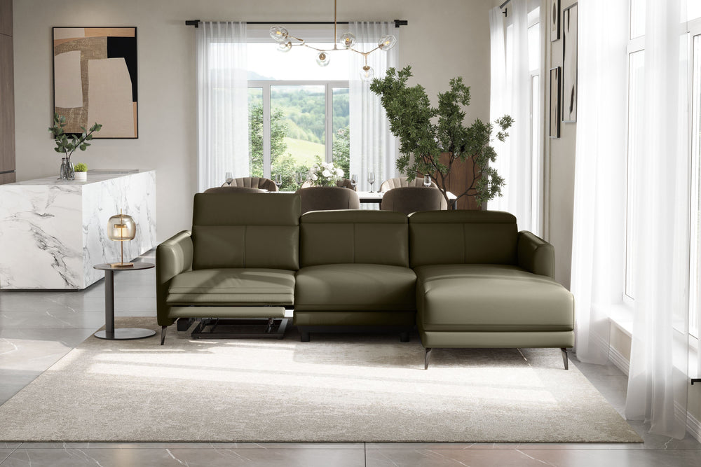 Valencia Andria Modern Right Hand Facing Top Grain Leather Reclining Sectional Sofa, Olive Green