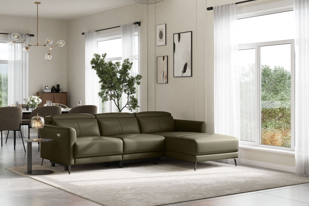 Valencia Andria Modern Right Hand Facing Top Grain Leather Reclining Sectional Sofa, Olive Green