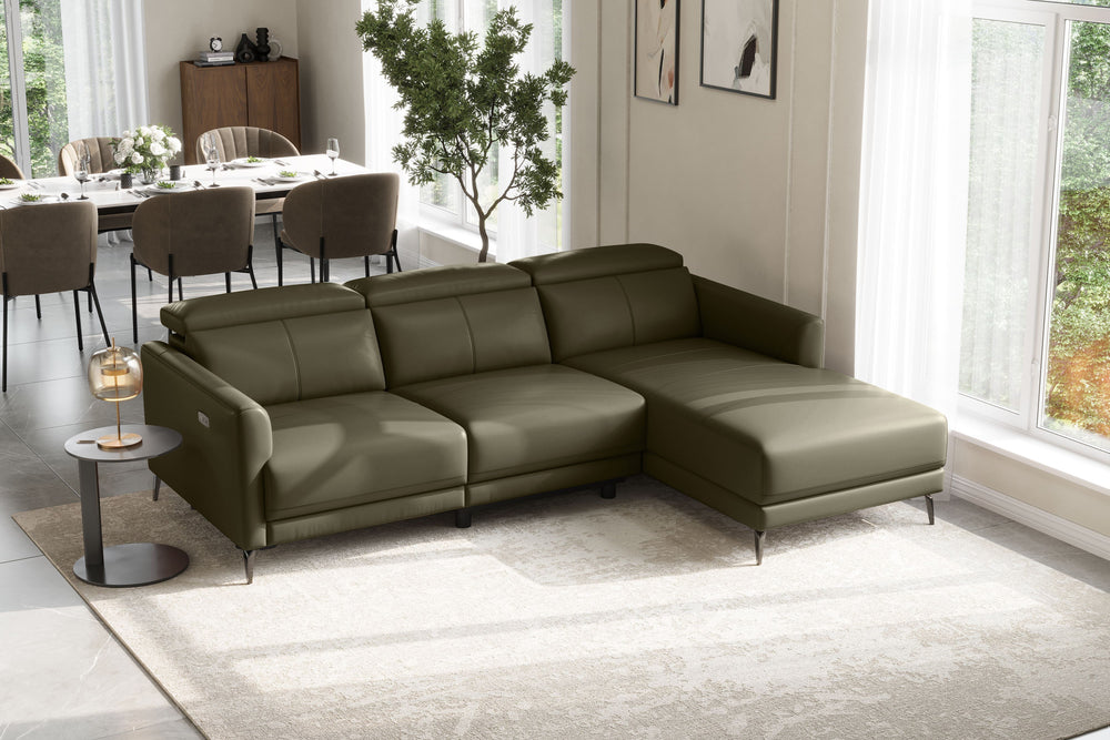 Valencia Andria Modern Right Hand Facing Top Grain Leather Reclining Sectional Sofa, Olive Green