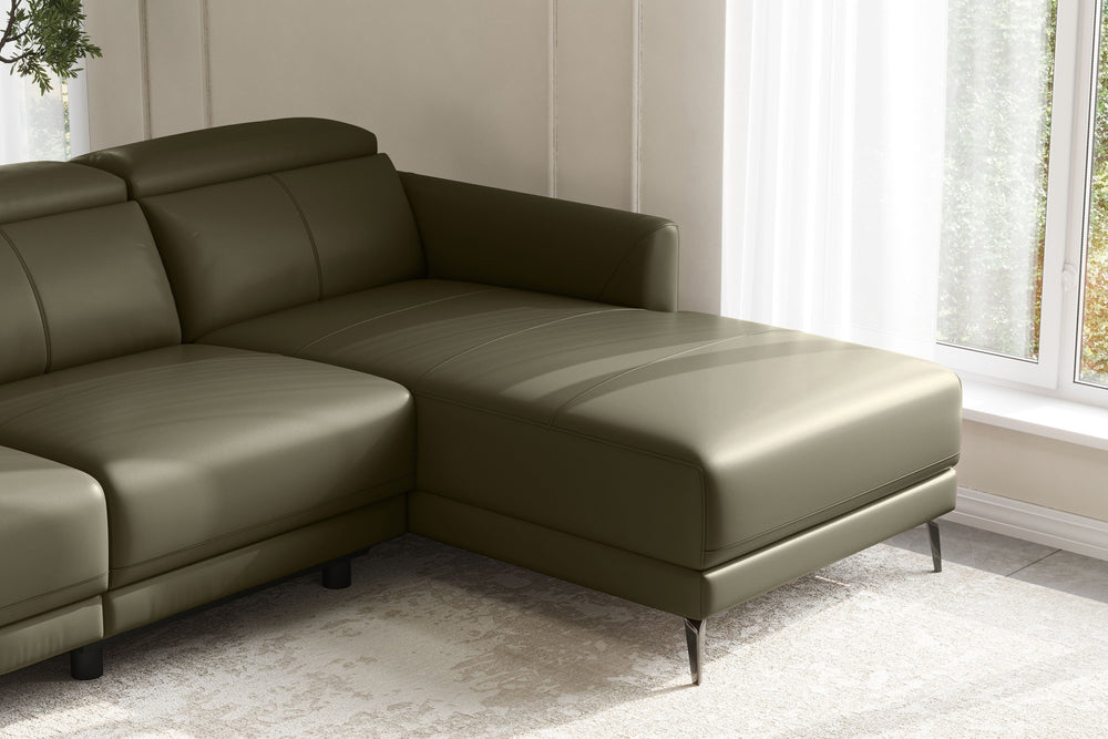 Valencia Andria Modern Right Hand Facing Top Grain Leather Reclining Sectional Sofa, Olive Green