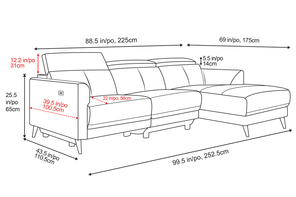 Line Dimension of A Modern, Grey, Three Seats with Right Hand Facing Reclining, Top Grain Leather Andria Sectional Sofa on a White Background, Height 31" Inch / 79 CM, Wide 99.5 Inch / 252.5 CM, Depth 43.5" Inch / 110.5 CM, Seat Depth 22" Inch / 56 CM, Seat Width 88.5" Inch / 225 CM, Chaise Depth 69" Inch / 175 CM, Flipped Headrest 12.2" Inch / 31 CM, Armrest 39.5" Inch / 100.5 CM