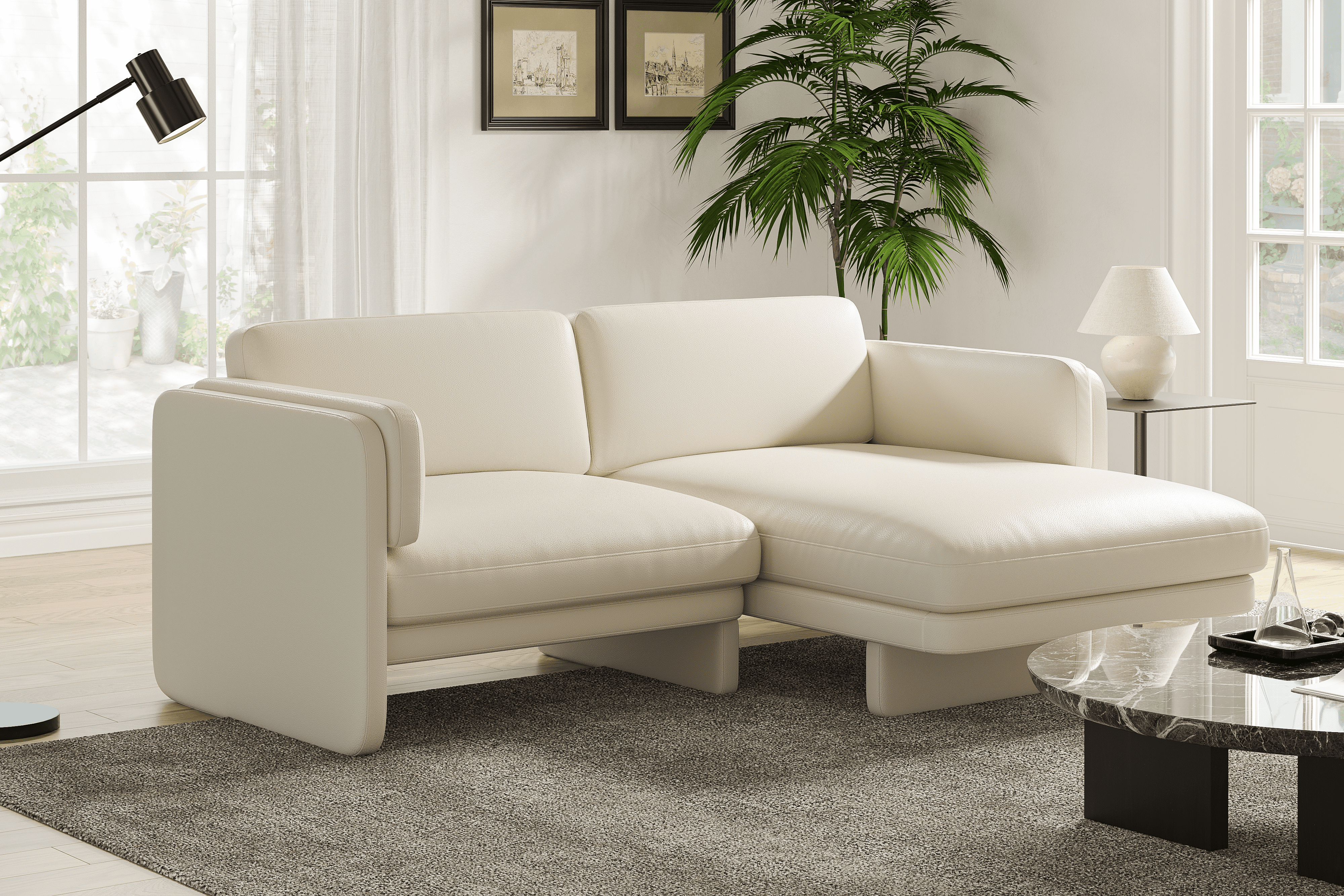 Valencia Annalise Top Grain Leather 80" Right Chaise Sofa, Cream