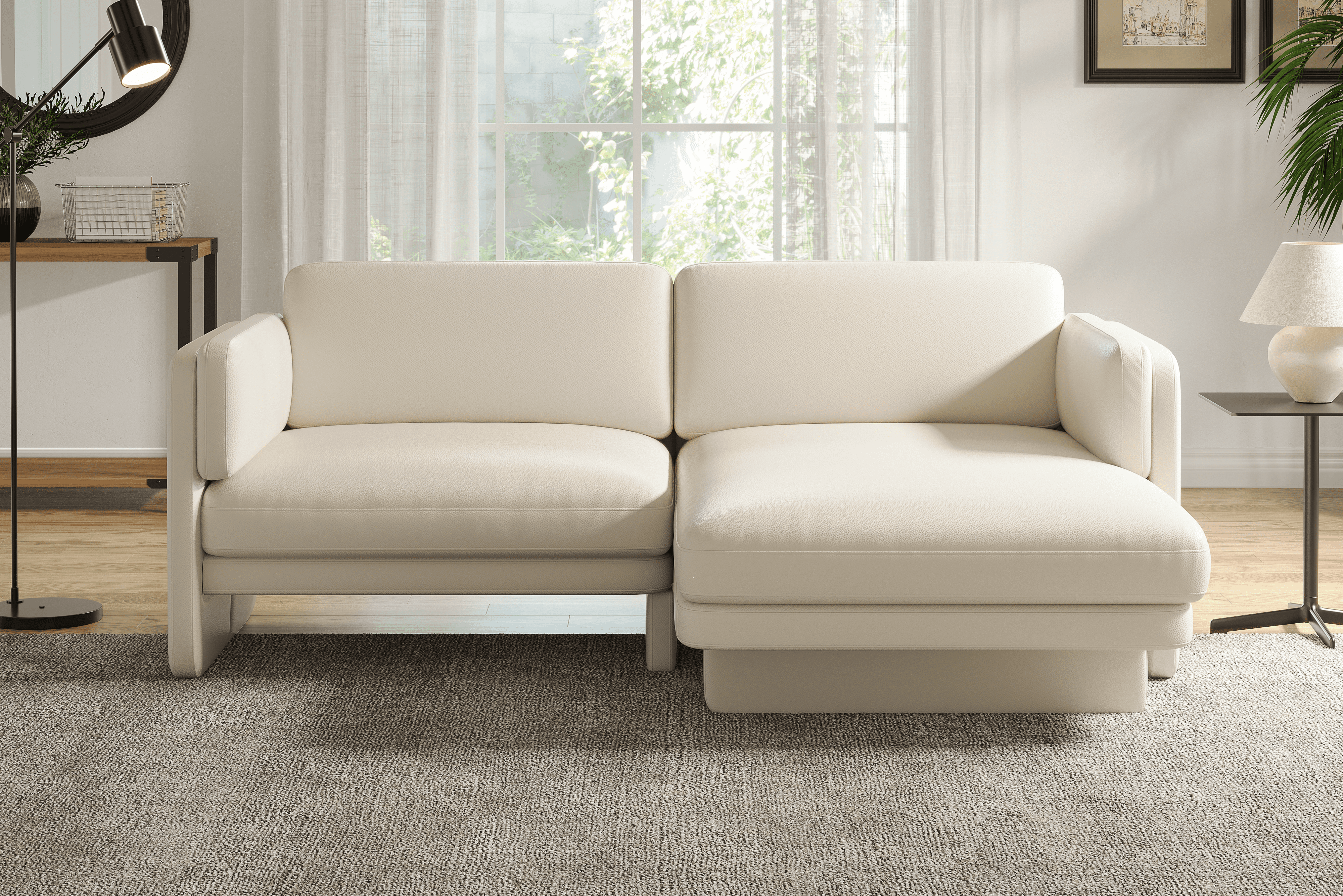 Valencia Annalise Top Grain Leather 80" Right Chaise Sofa, Cream