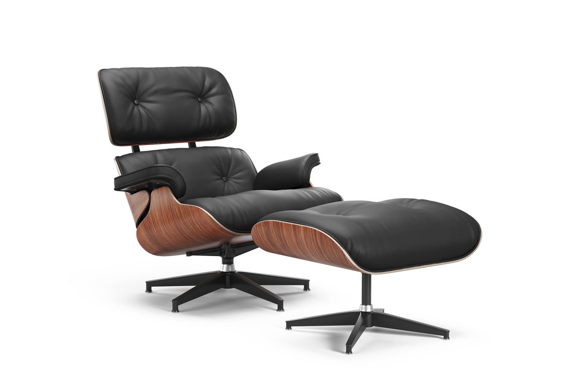 Valencia Armoni Eames Replica Top Grain Leather Lounge Chair & Ottoman, Black