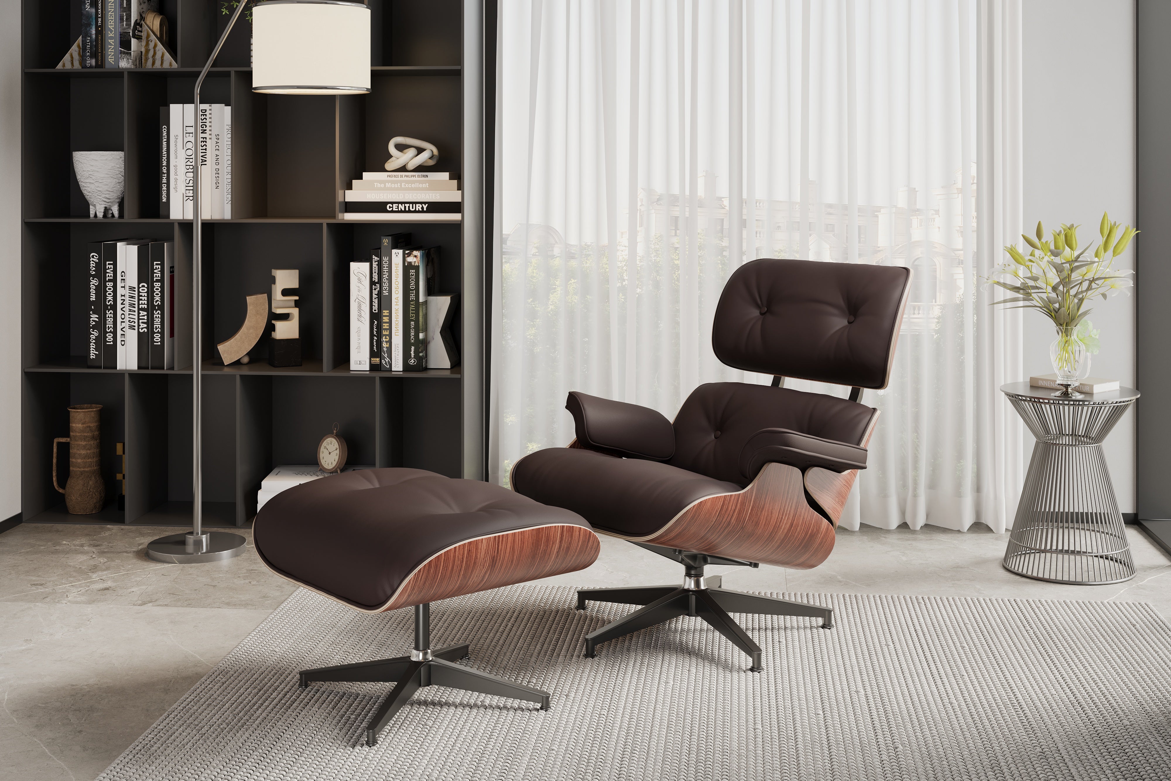 Valencia Armoni Eames Replica Top Grain Leather Lounge Chair & Ottoman, Dark Chocolate Color