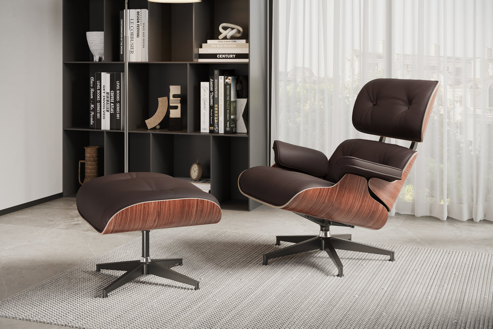 Valencia Armoni Eames Replica Top Grain Leather Lounge Chair & Ottoman, Dark Chocolate Color