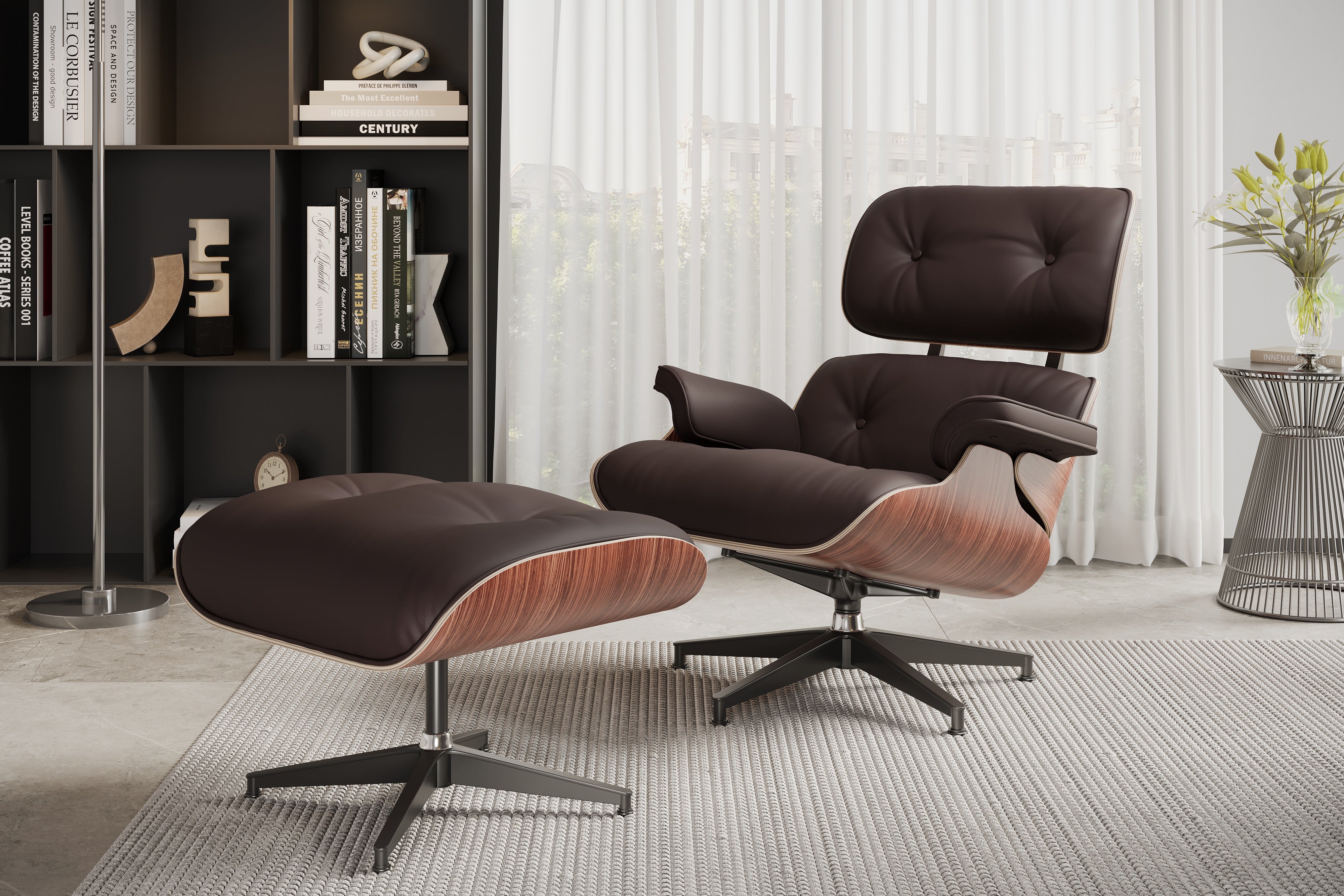 Valencia Armoni Eames Replica Top Grain Leather Lounge Chair & Ottoman, Dark Chocolate Color