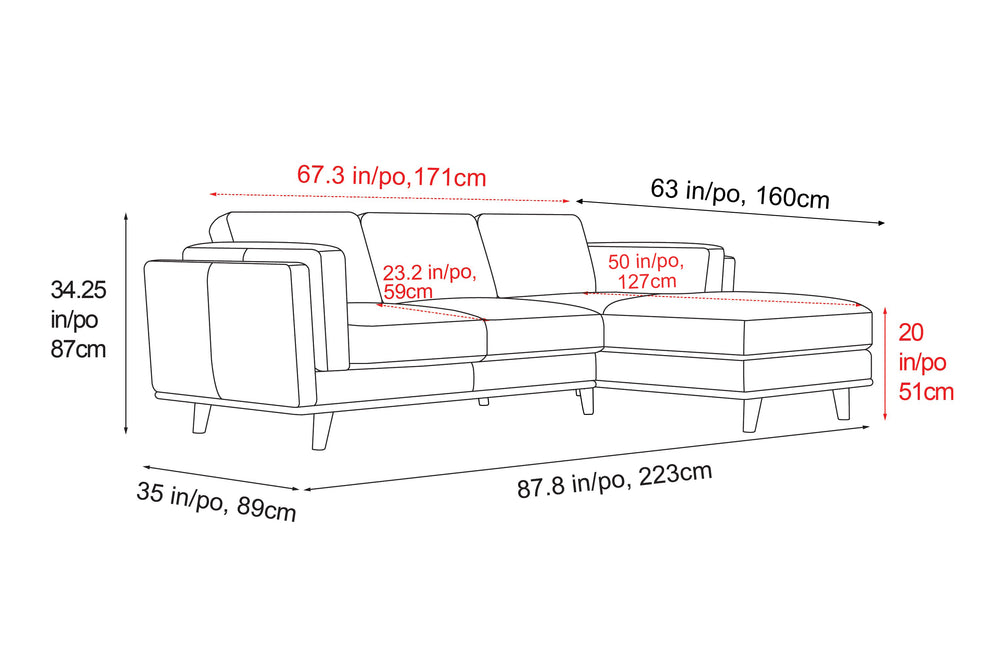 Valencia Artisan Top Grain Leather Three Seats with Right Chaise Leather Sofa, Black Color