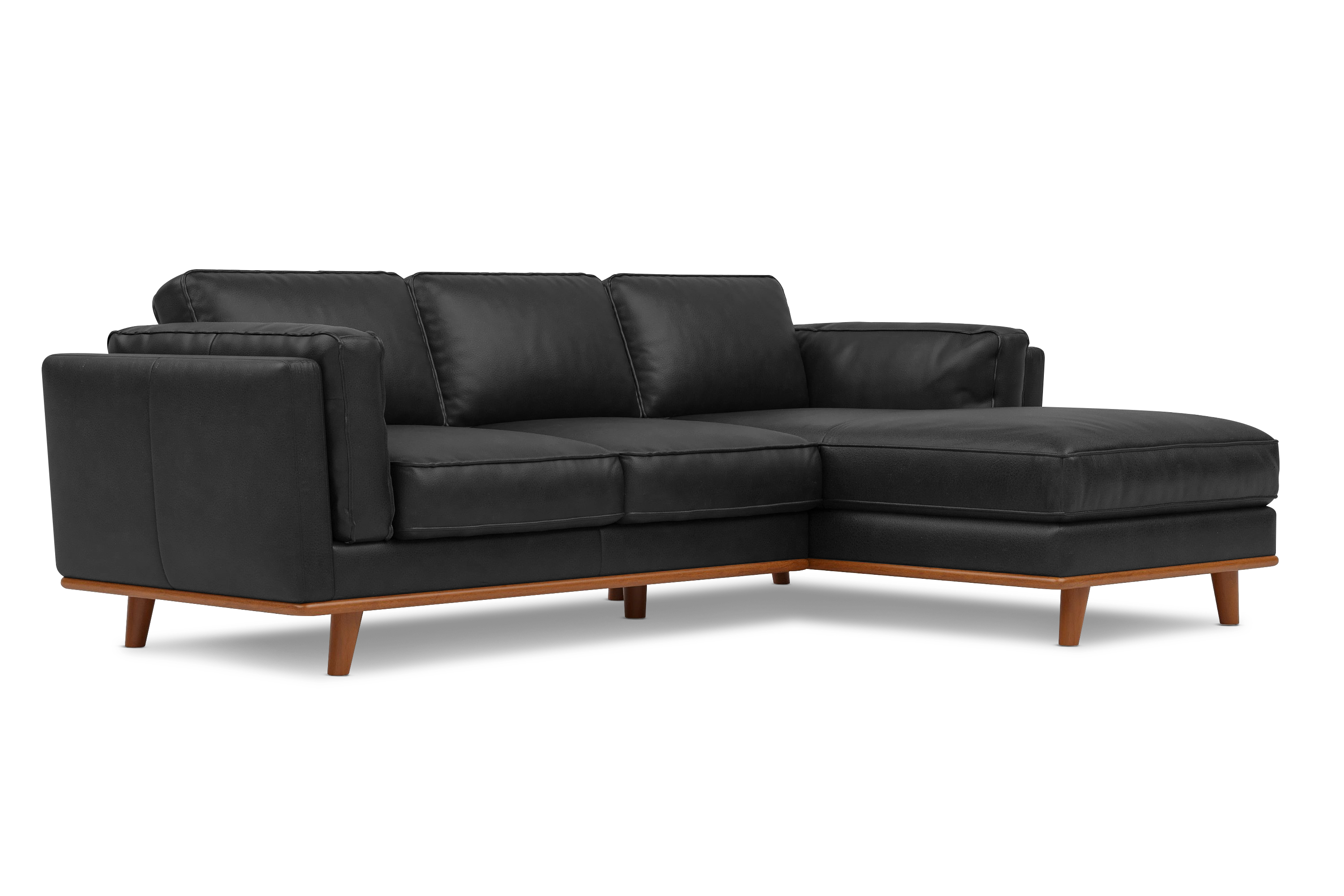 Valencia Artisan Top Grain Leather Three Seats with Right Chaise Leather Sofa, Black