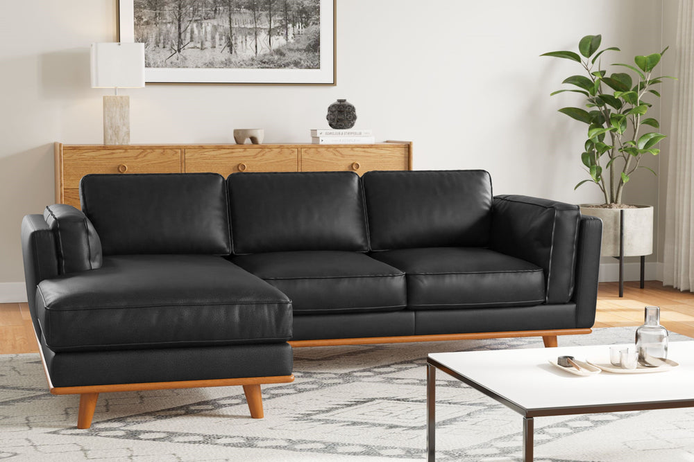 Valencia Artisan Top Grain Leather Three Seats with Left Chaise Leather Sofa, Black