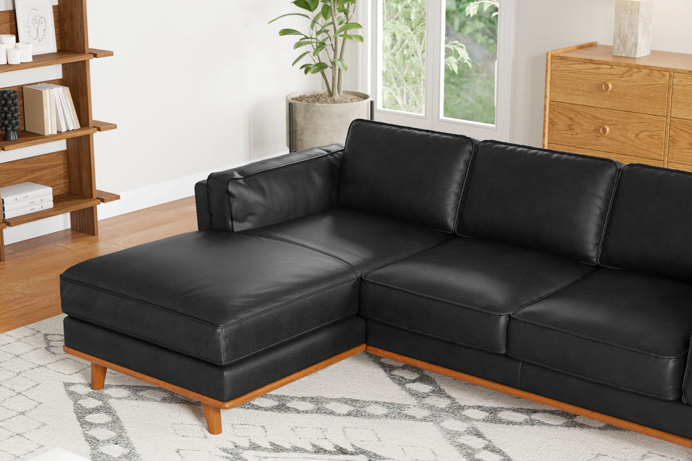 Valencia Artisan Top Grain Leather Three Seats with Left Chaise Leather Sofa, Black Color