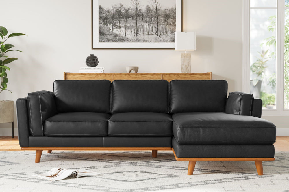 Valencia Artisan Top Grain Leather Three Seats with Right Chaise Leather Sofa, Black Color