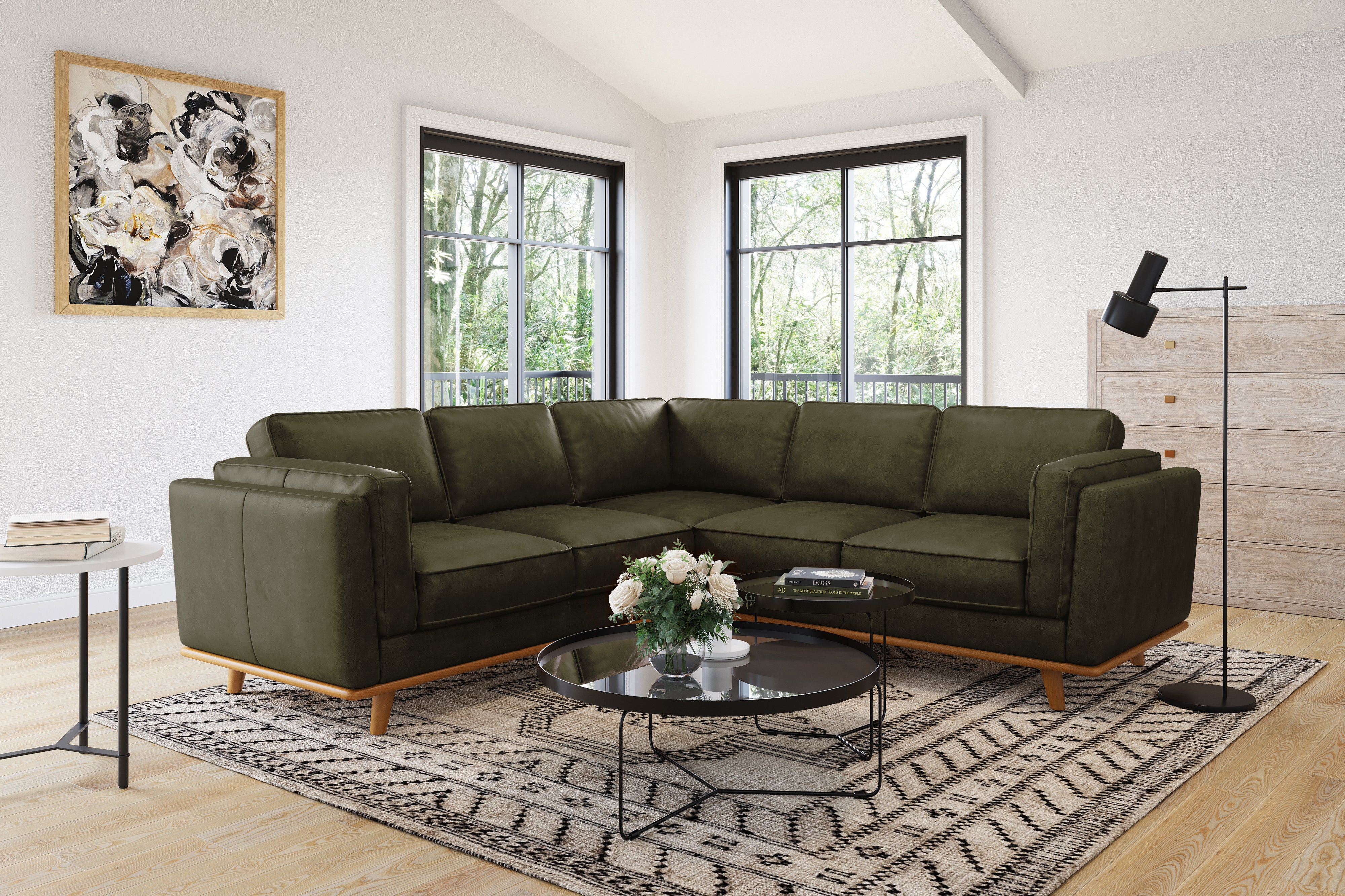 Valencia Artisan L-Shape Corner Leather Sectional Sofa, Olive Green