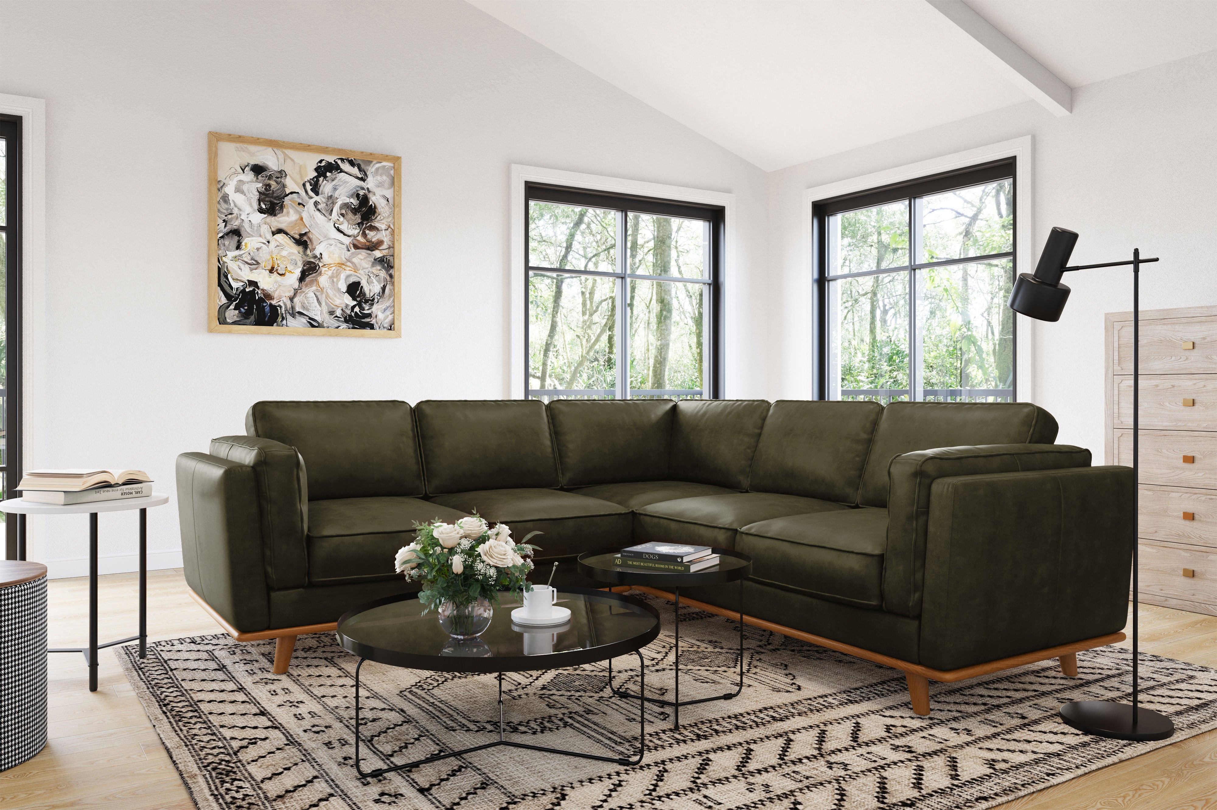 Valencia Artisan L-Shape Corner Leather Sectional Sofa, Olive Green