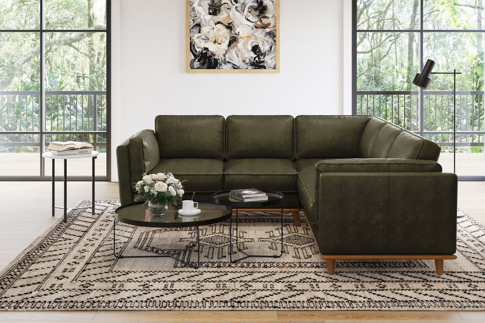 Valencia Artisan L-Shape Corner Leather Sectional Sofa, Olive Green