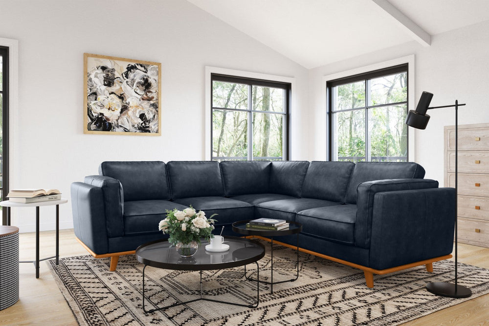 Valencia Artisan L-Shape Corner Leather Sectional Sofa, Blue