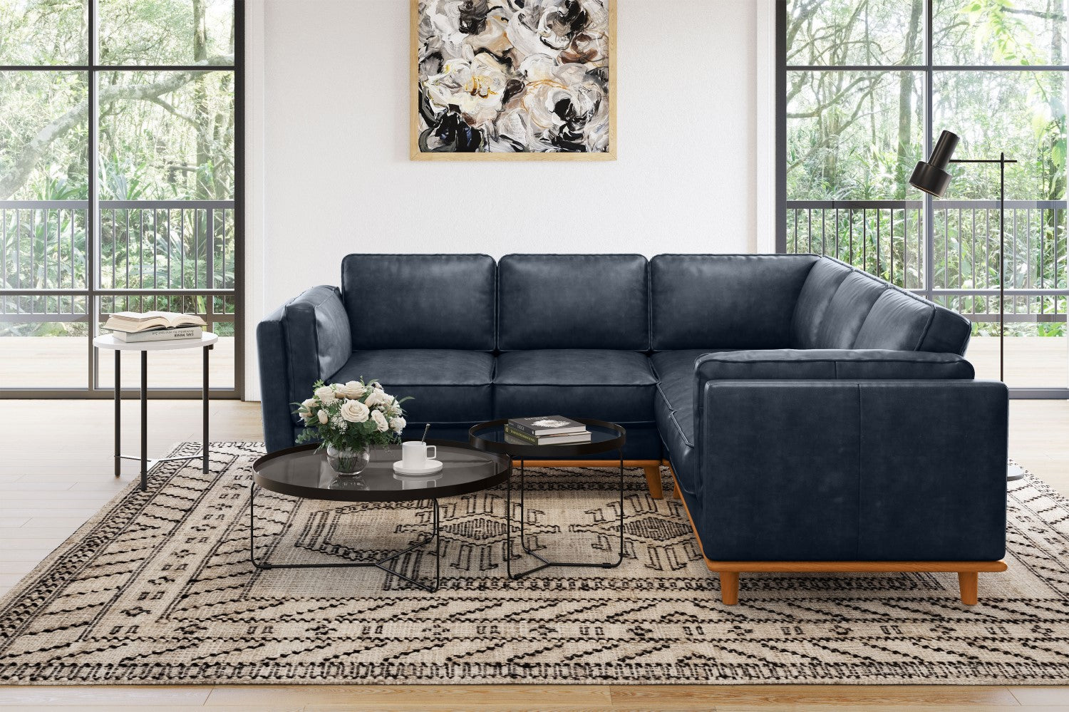 Valencia Artisan L-Shape Corner Leather Sectional Sofa, Blue