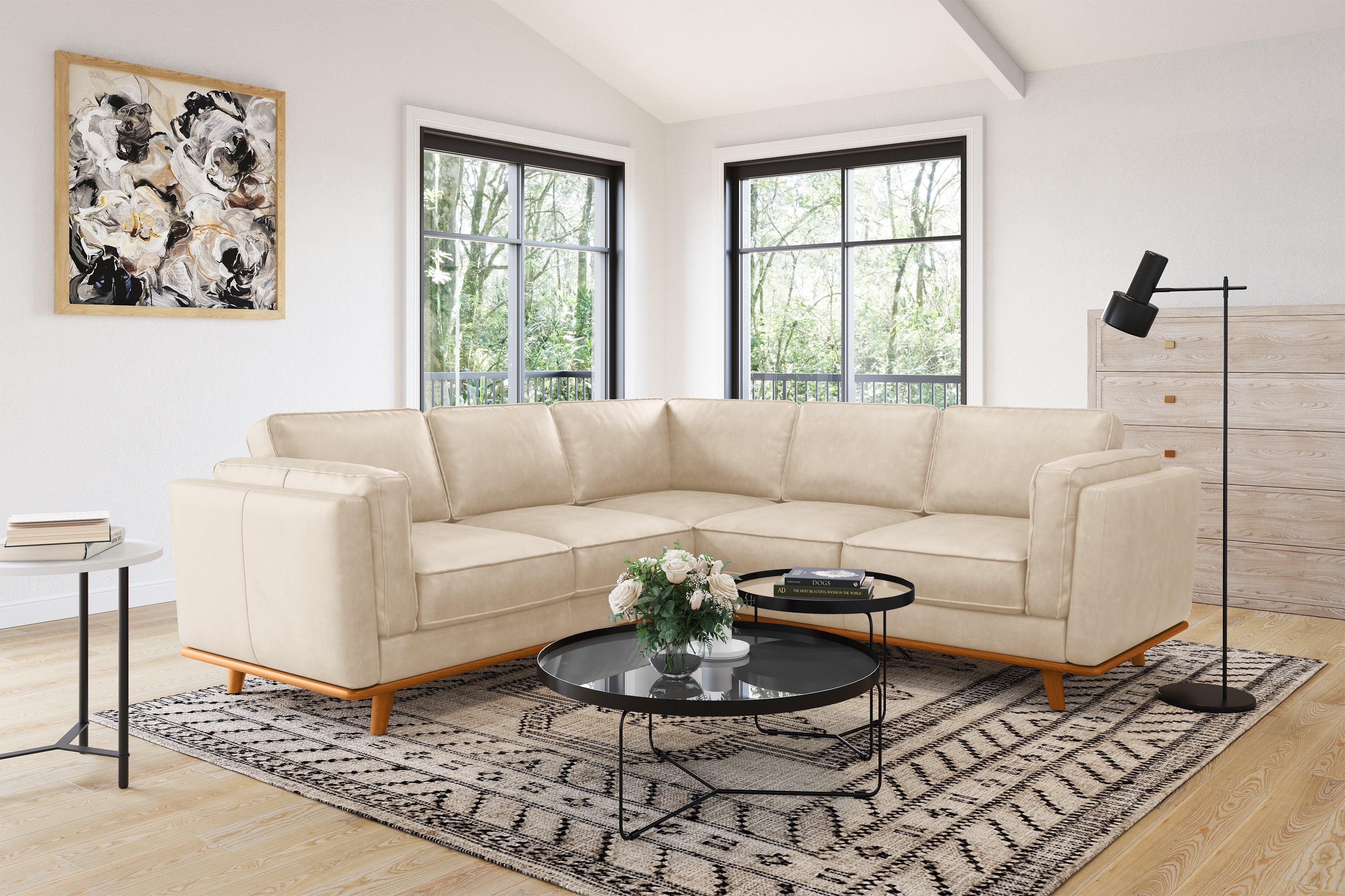 Valencia Artisan L-Shape Corner Leather Sectional Sofa, Beige