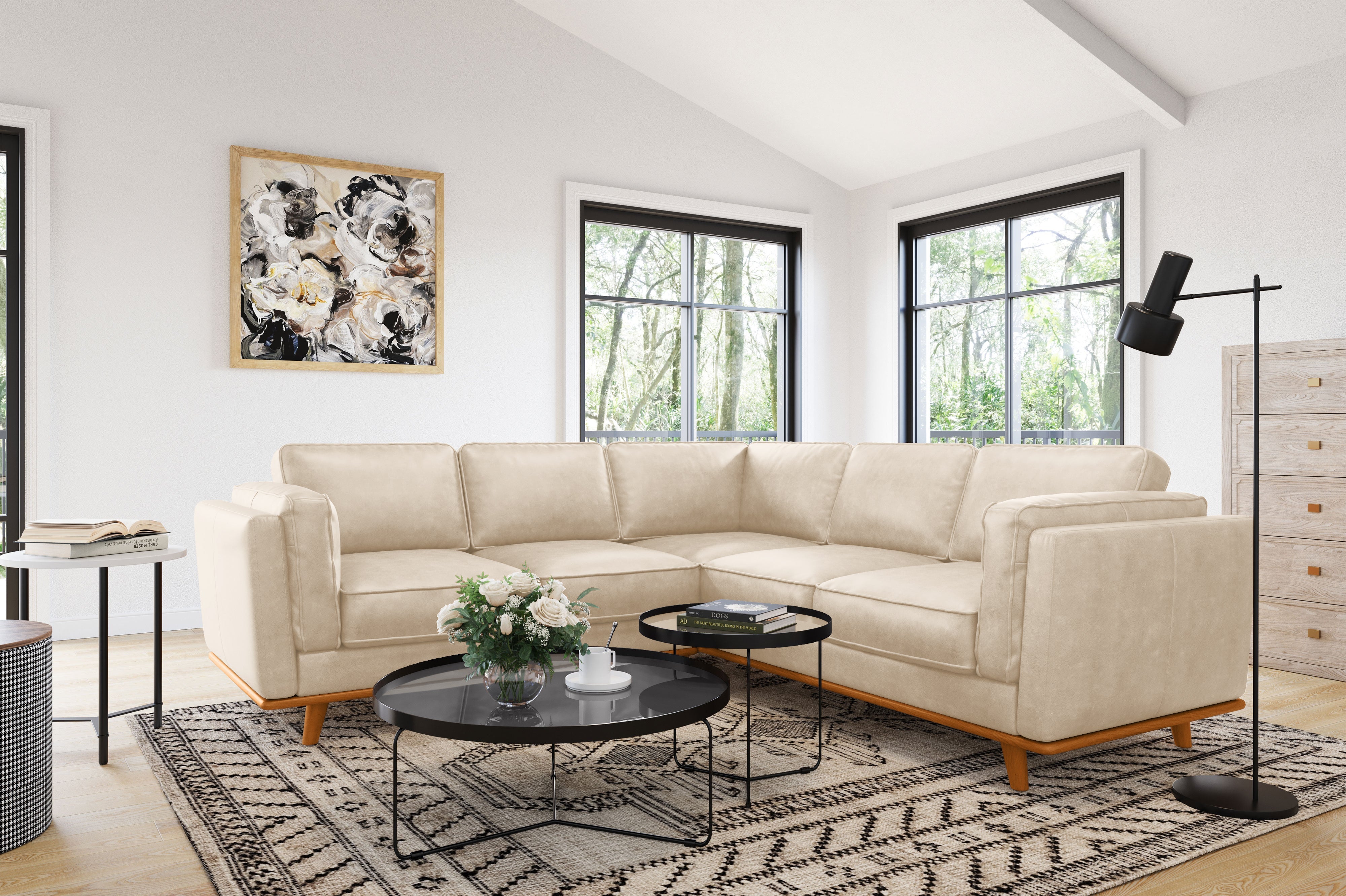 Valencia Artisan L-Shape Corner Leather Sectional Sofa, Beige