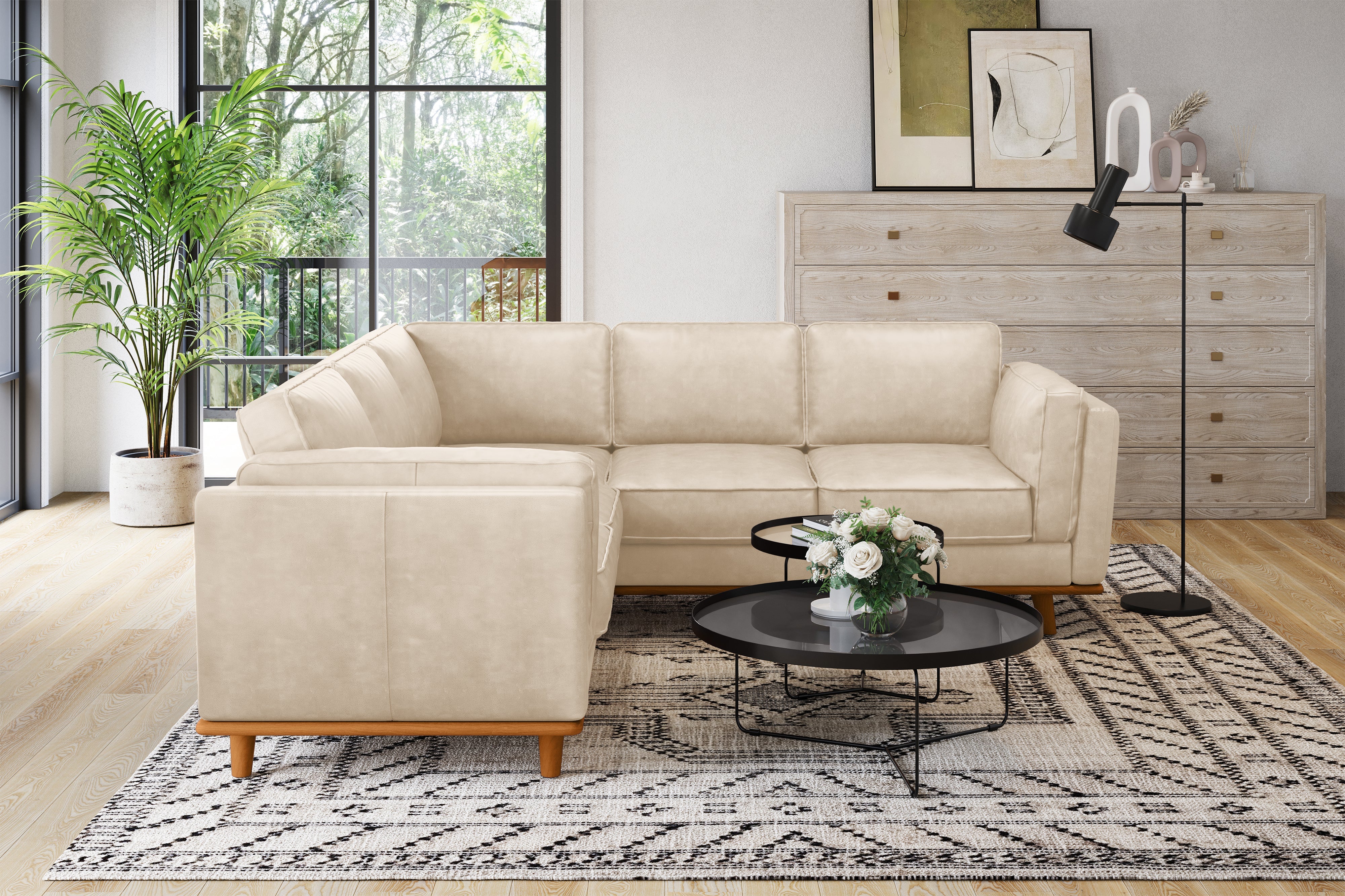 Valencia Artisan L-Shape Corner Leather Sectional Sofa, Beige