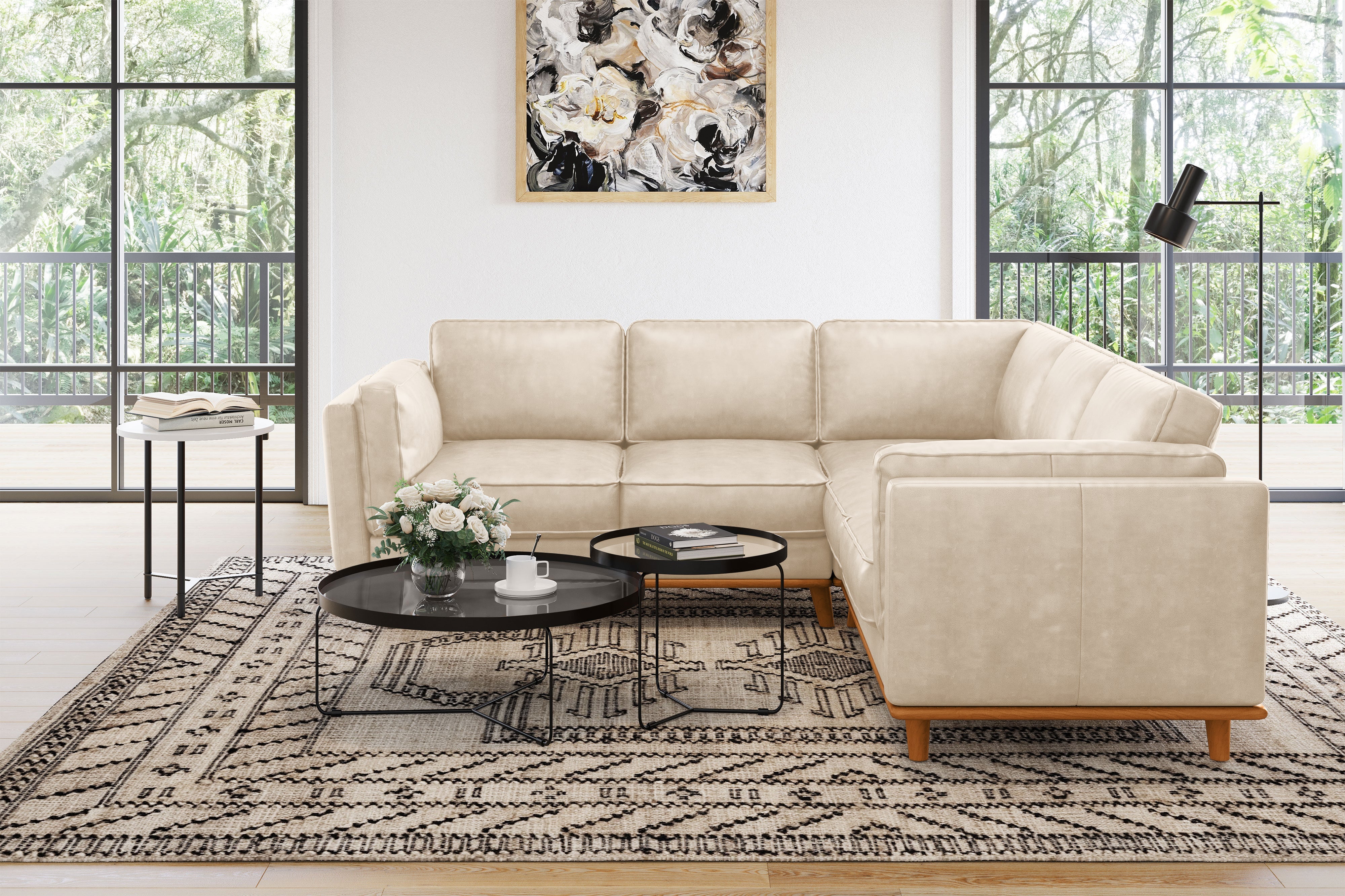 Valencia Artisan L-Shape Corner Leather Sectional Sofa, Beige