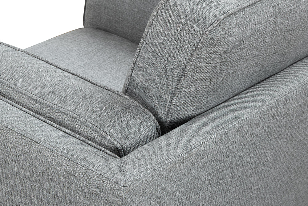 Right-Side, Top Armrest & Seat View of A Modern, Grey, Single, Fabric Artisan Sofa.