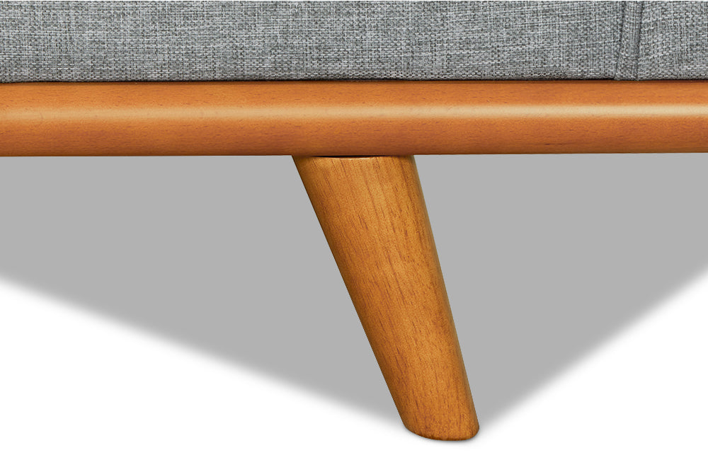 Wooden Leg Close-Up View of A Modern, Grey, Single, Fabric Artisan Sofa